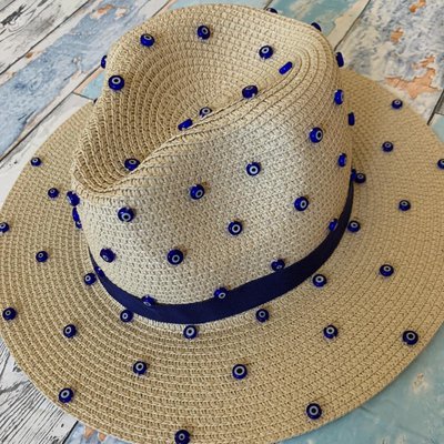 Summer hat With blue evil eye beads